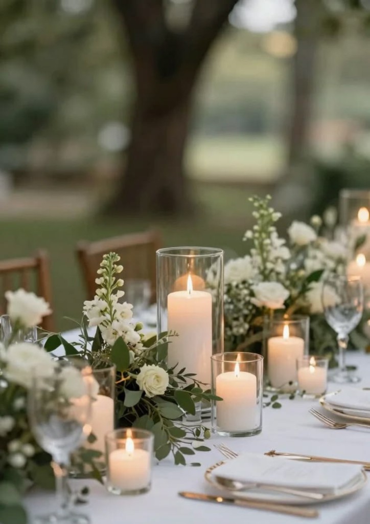 Elegant outdoor wedding table styling with florals and candles